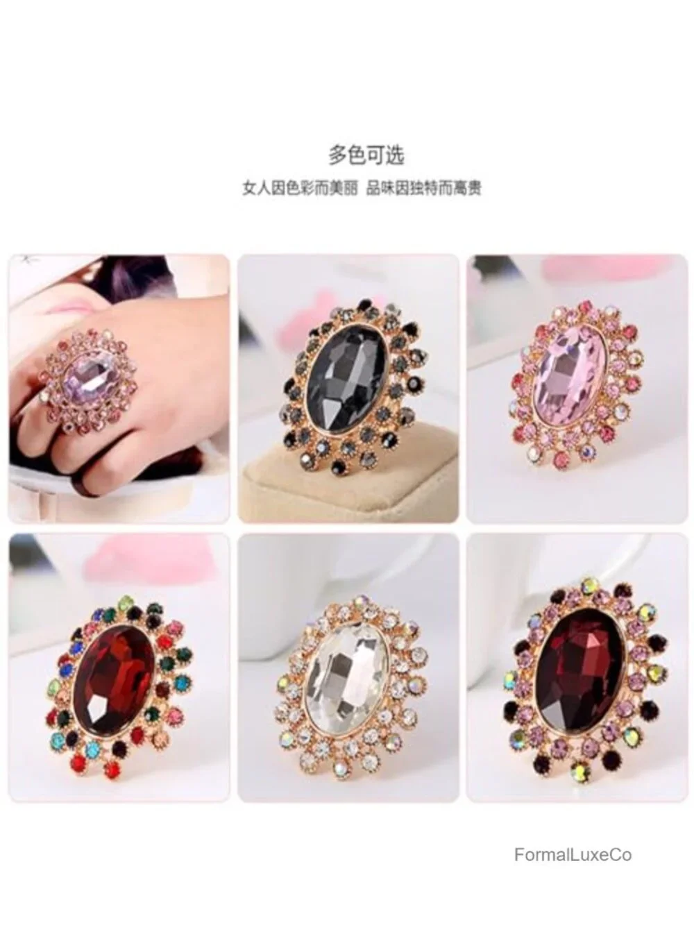 Crystal Rhinestone Gold Plated Adjustable Oval Statement Ring Women Cocktail